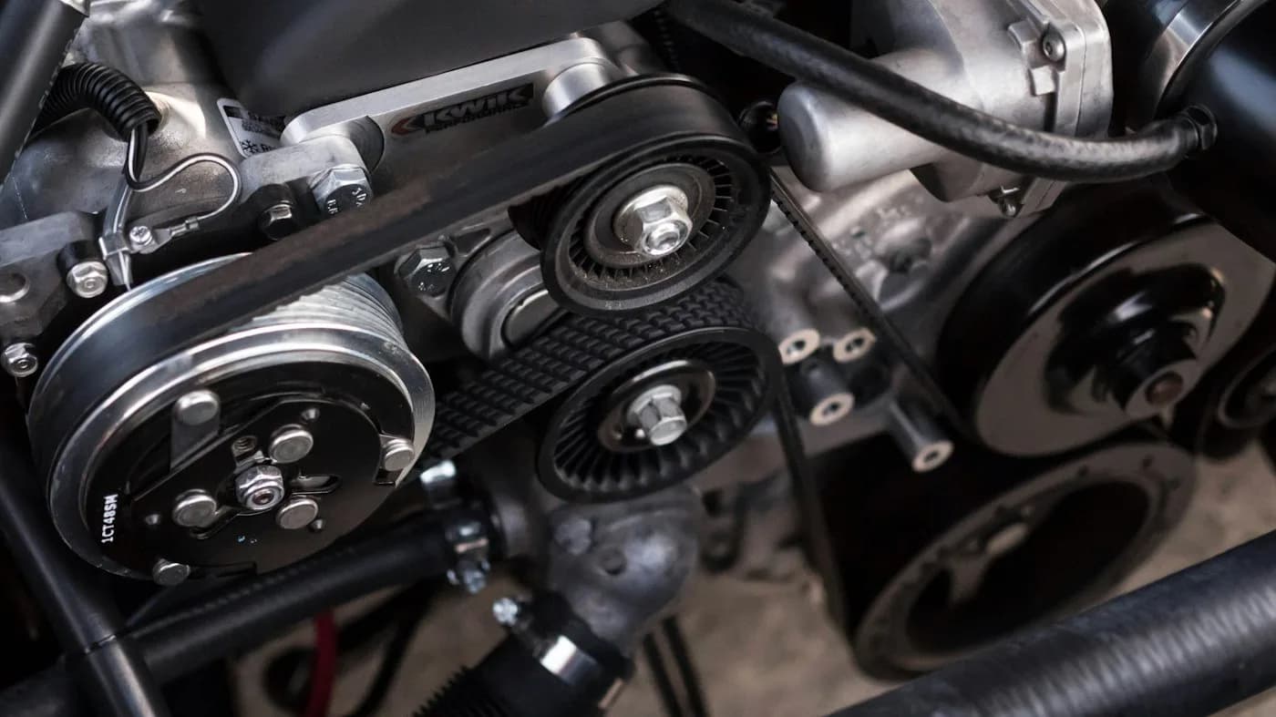Vano motor limpio, con correas y poleas a la vista